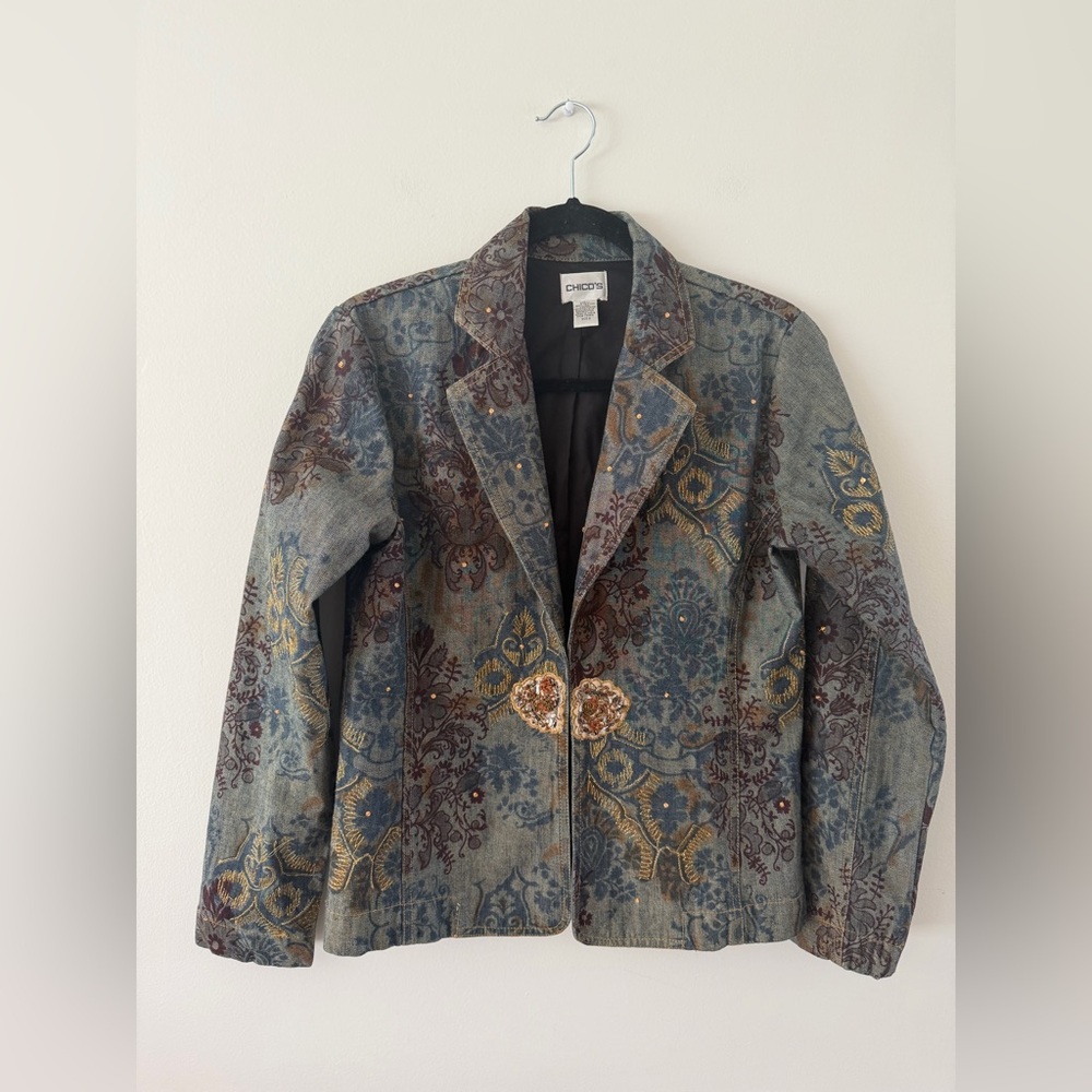 Vintage Boho Denim Indie Jacket Embroider Beaded Cotton Earthy Festival Womens 0